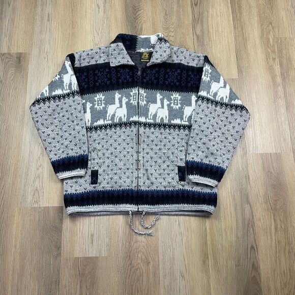 Vintage Tejidos Rumiñahui Sweater Mens Large Gray Wool Aztec Full Zip Knit - Picture 1 of 7